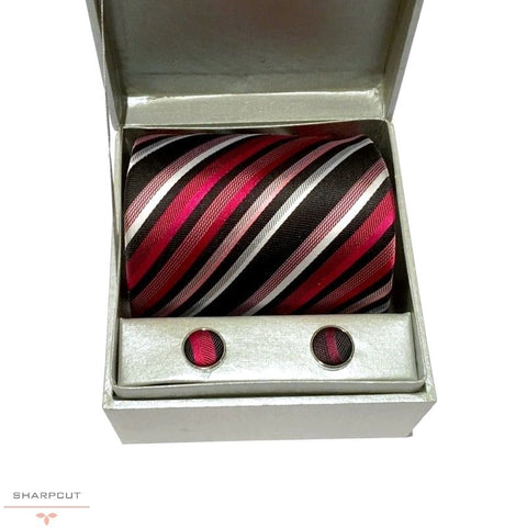 Black Red White Stripes Pure Silk Tie & Cufflinks sharpcut